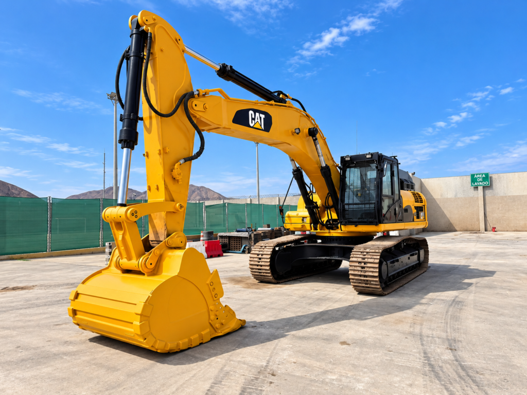 Excavadora CAT en patio industrial ensolarado
