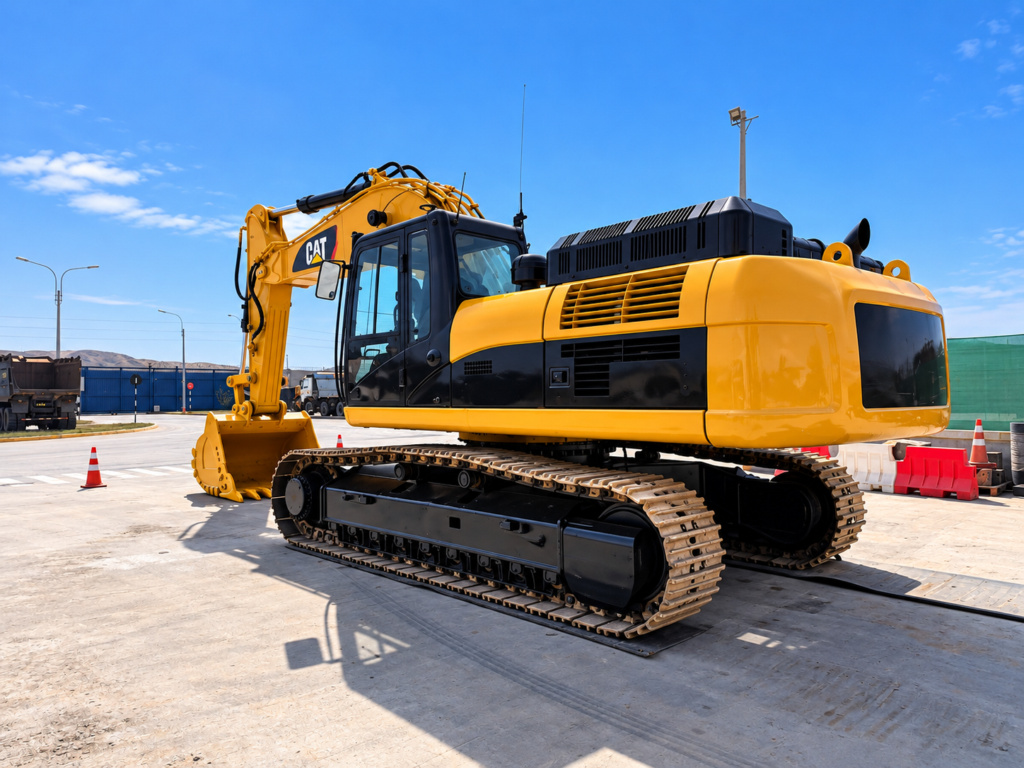 Excavadora CAT en patio industrial soleado